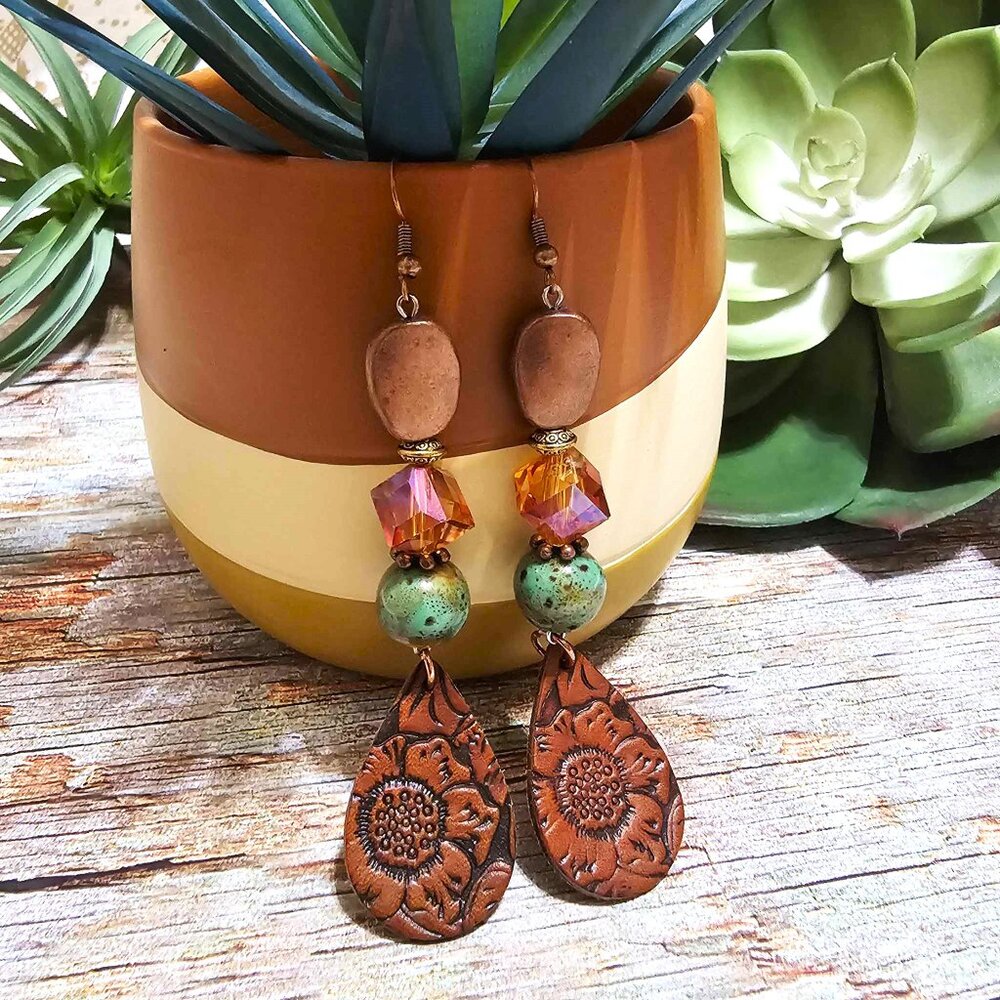 Artisan Earrings Embossed Faux Leather Copper Amber Green Beaded Pierced - Picture 2 of 5